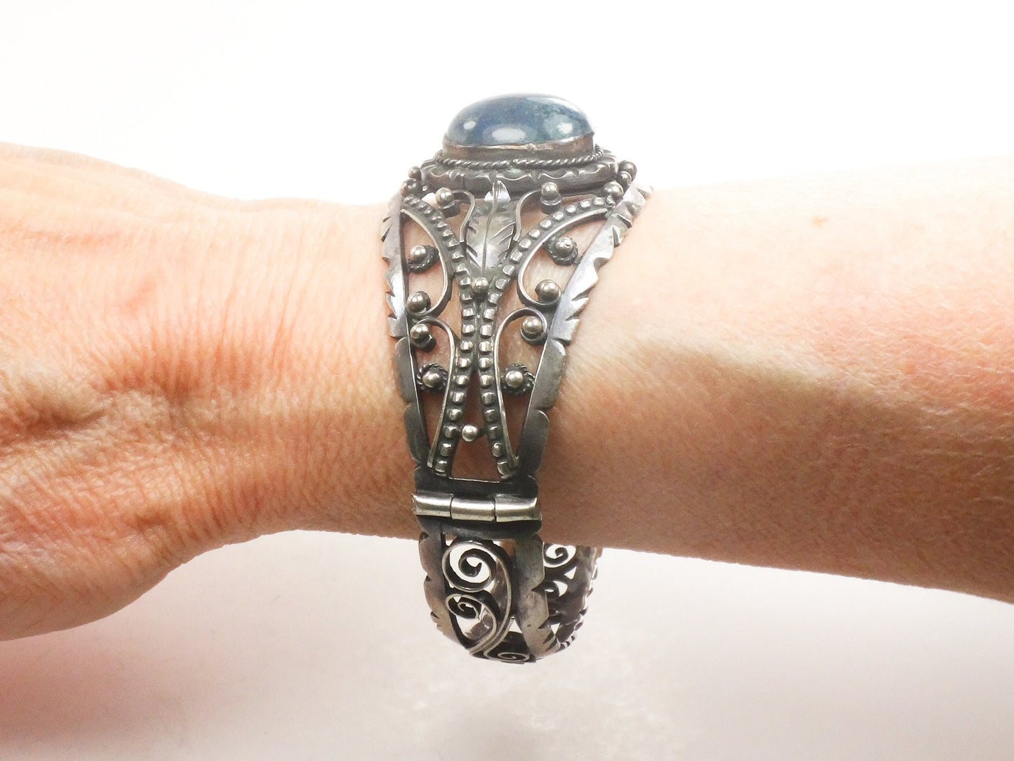 Vintage Silver Floral Bracelet 800 Silver Blue Sodalite Stone Hinged Bracelet with Scroll and Bead Design