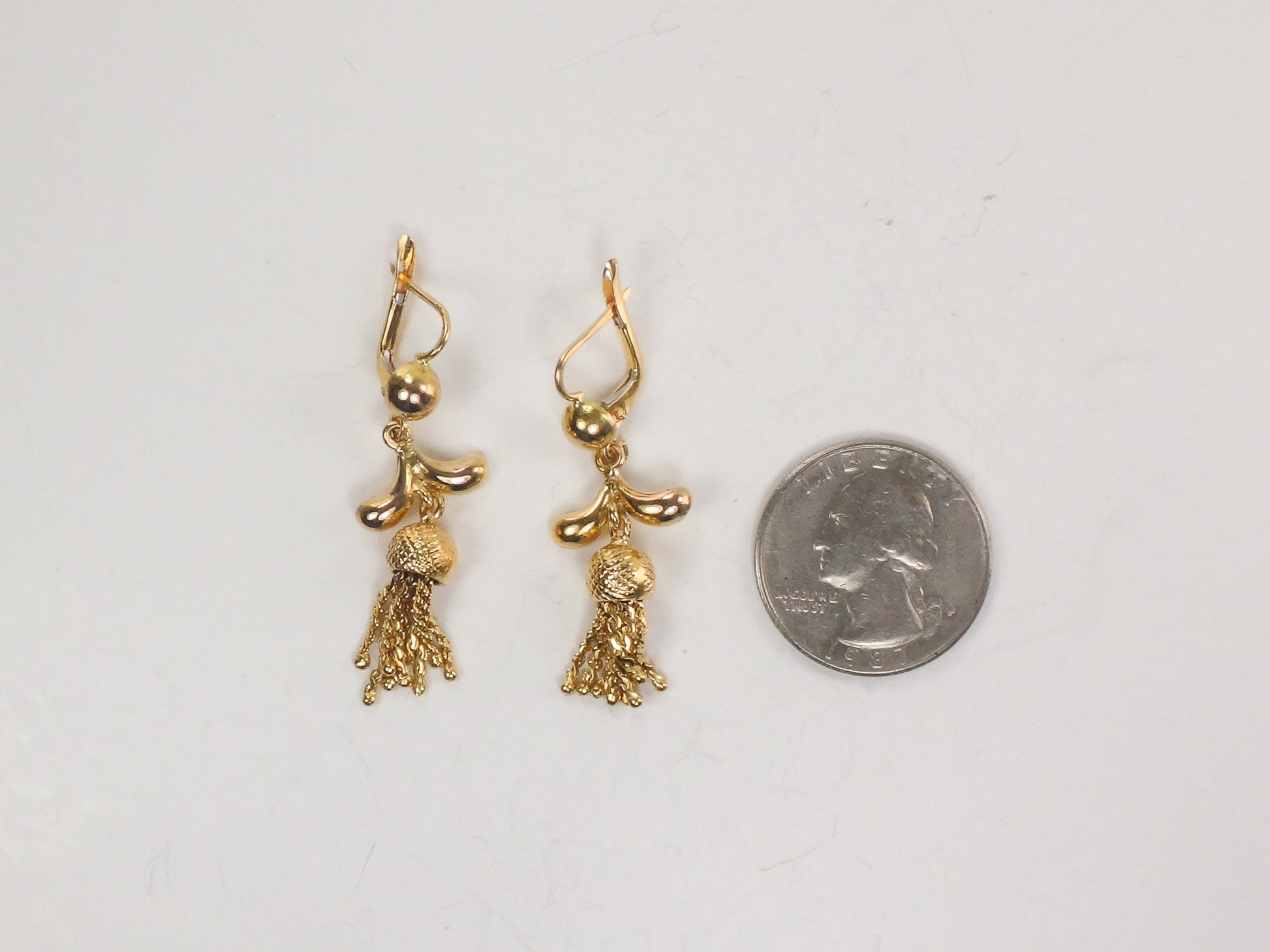 Vintage 18k Yellow Gold Tassel Dangle Earrings Fringe Earrings with Latch Backs
