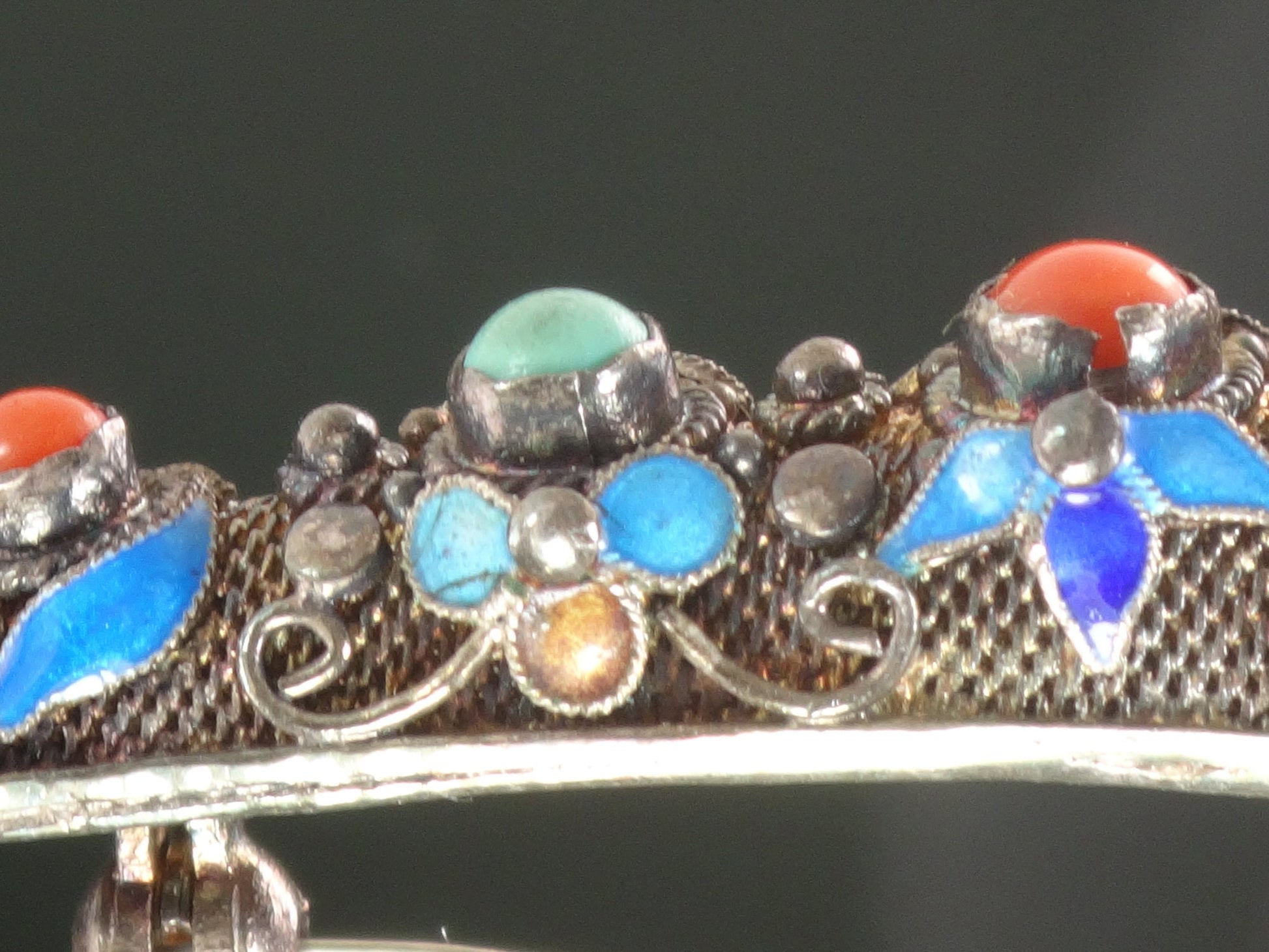 Vintage Silver Finger Nail Cover Pin: Turquoise, Coral, Enamel Floral Design