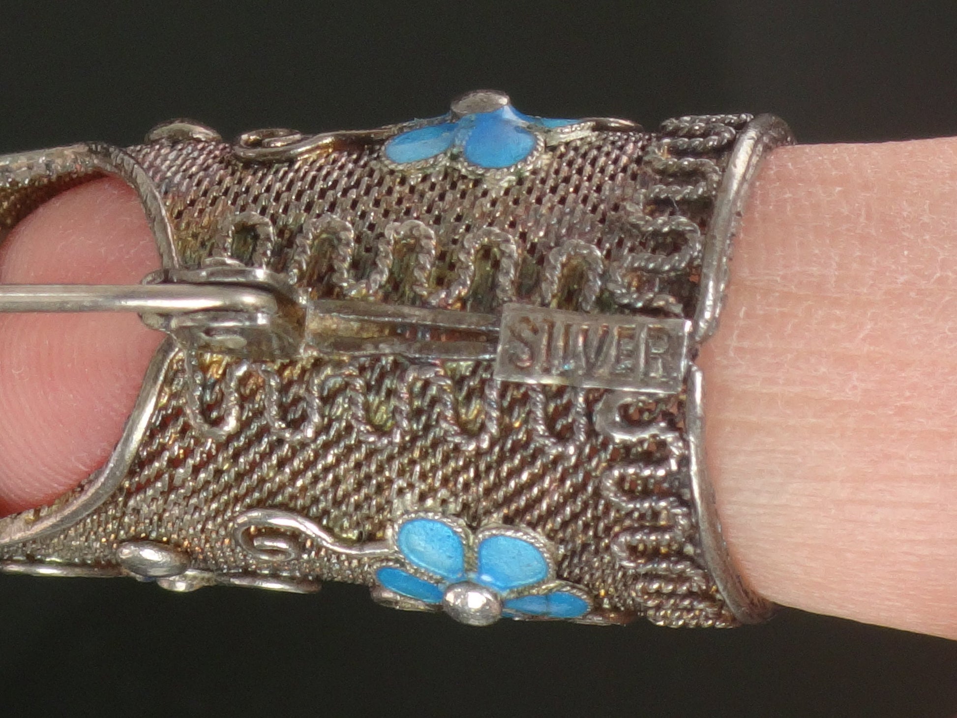 Vintage Silver Finger Nail Cover Pin: Turquoise, Coral, Enamel Floral Design