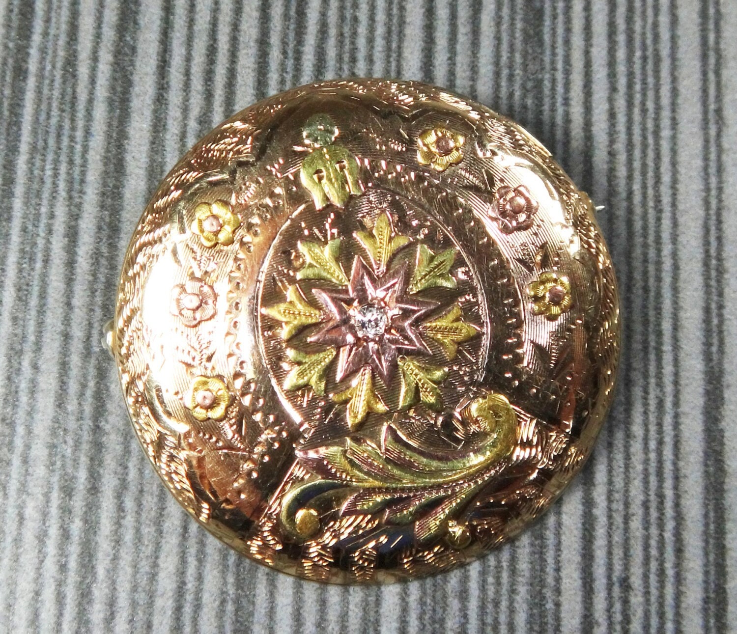 Antique 14k Tri-Color Gold Diamond Pin: Floral Engraved Pocket Watch Cover