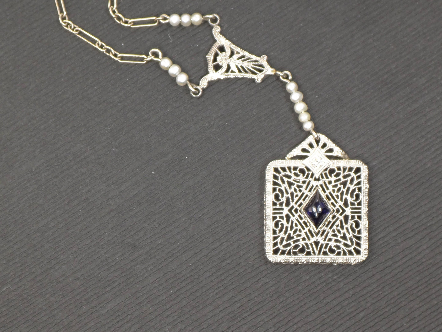 Vintage Art Deco 14k White Gold and Platinum Sapphire Necklace with Diamond Pearl Filigree and Paperclip Chain 16.25"