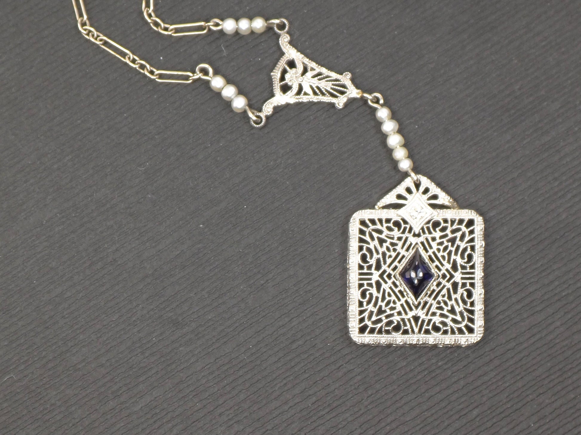 Vintage Art Deco Sapphire Necklace: 14k White Gold, Platinum, Diamond, Pearl Filigree