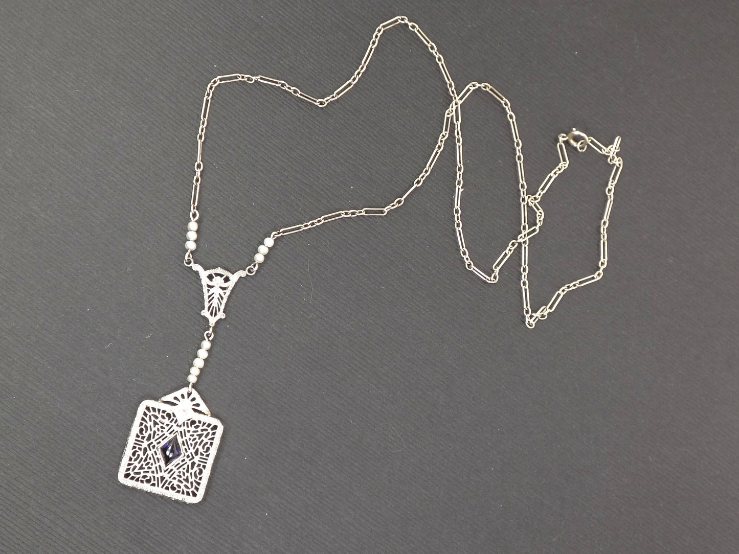 Vintage Art Deco 14k White Gold and Platinum Sapphire Necklace with Diamond Pearl Filigree and Paperclip Chain 16.25"