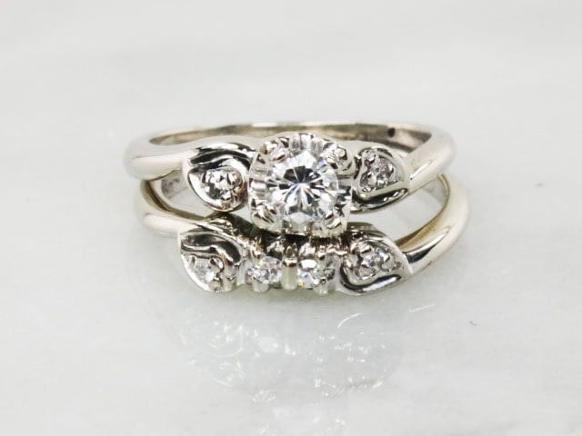Vintage 14k White Gold Natural Diamond Engagement Ring Set, Diamond Engagement Ring with Matching Diamond Wedding Band