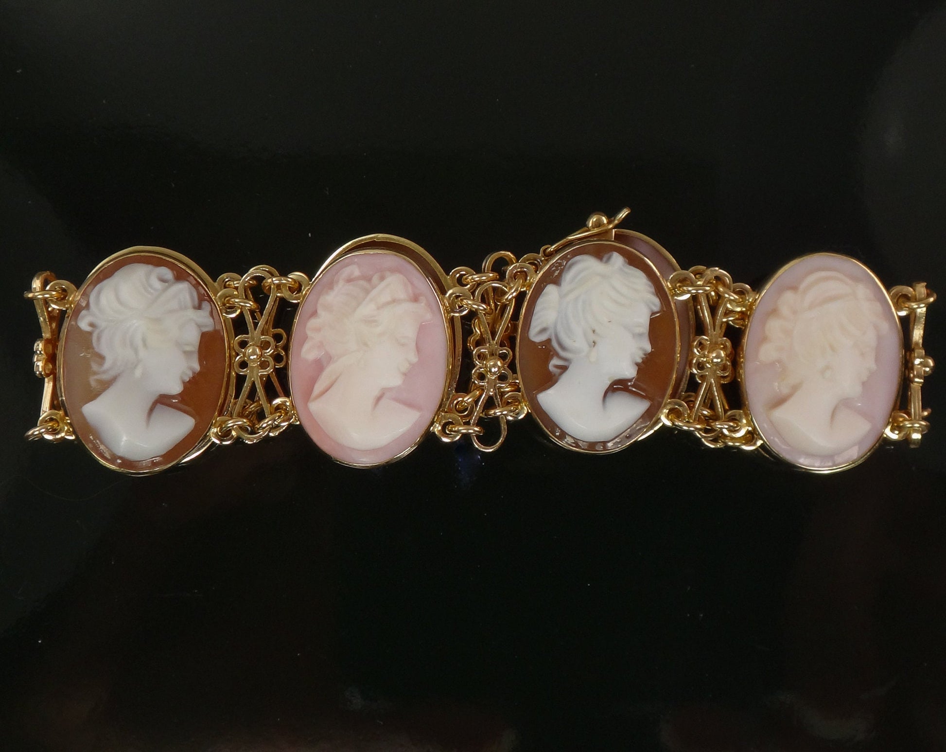 Vintage 14k Gold Pink and Brown Cameo Bracelet 7"