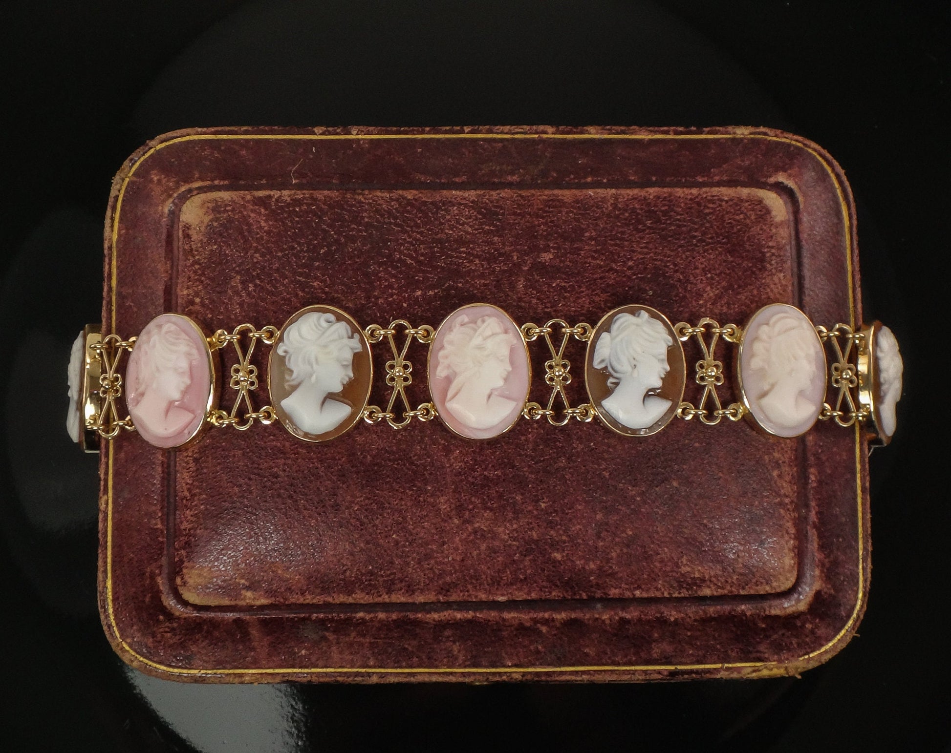 Vintage 14k Gold Pink and Brown Cameo Bracelet 7"