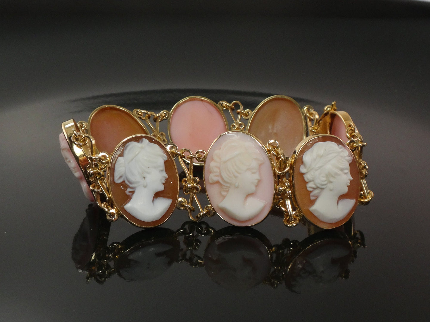 Vintage 14k Gold Pink and Brown Cameo Bracelet 7"