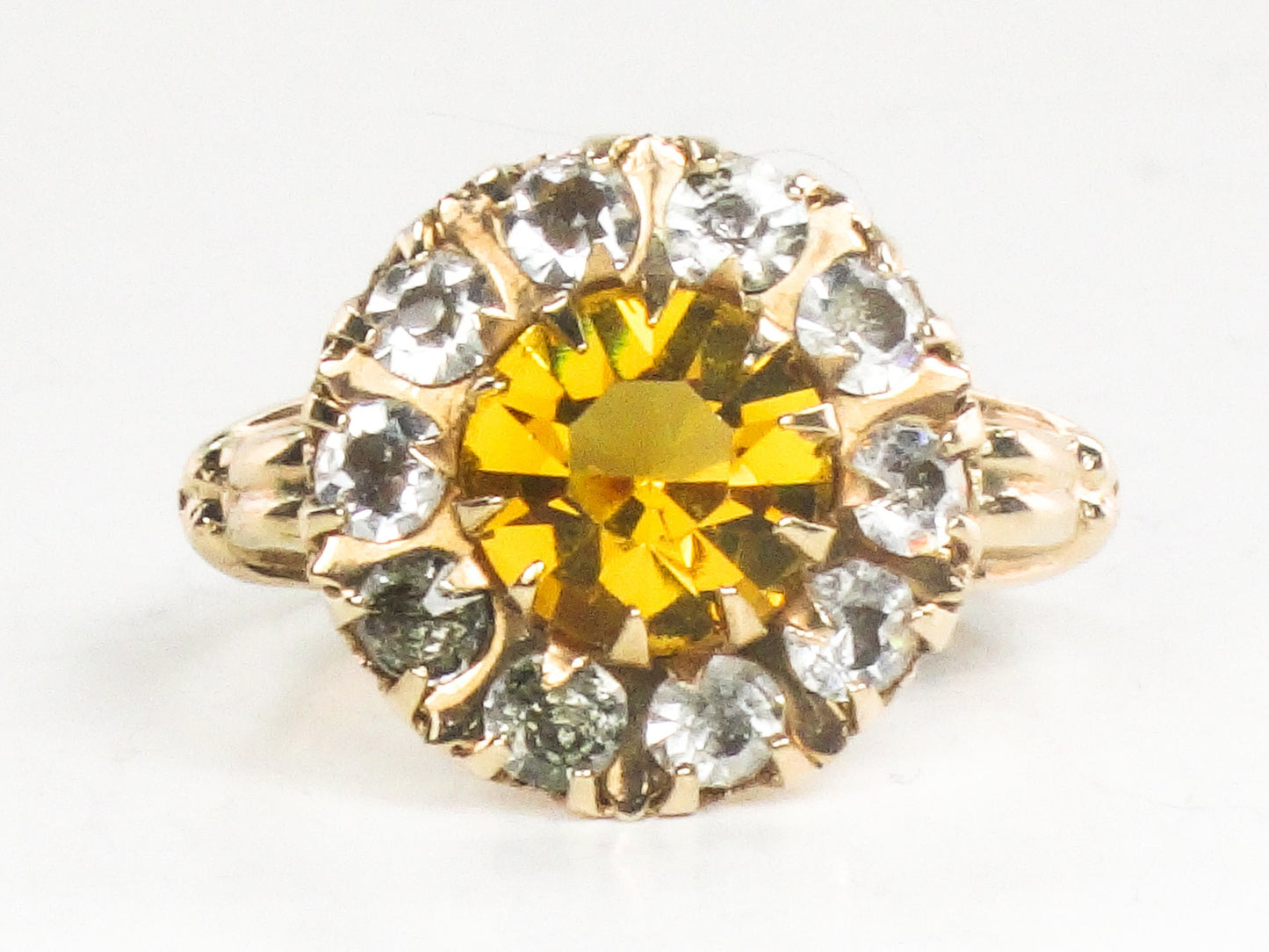 Vintage 10k Yellow Gold Gold and Clear Glass Ring Imitation Citrine and Diamond Halo Ring Size 5.25