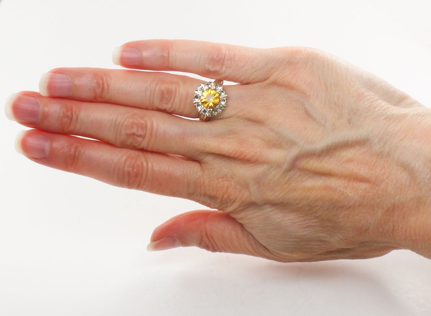Vintage 10k Yellow Gold Gold and Clear Glass Ring Imitation Citrine and Diamond Halo Ring Size 5.25