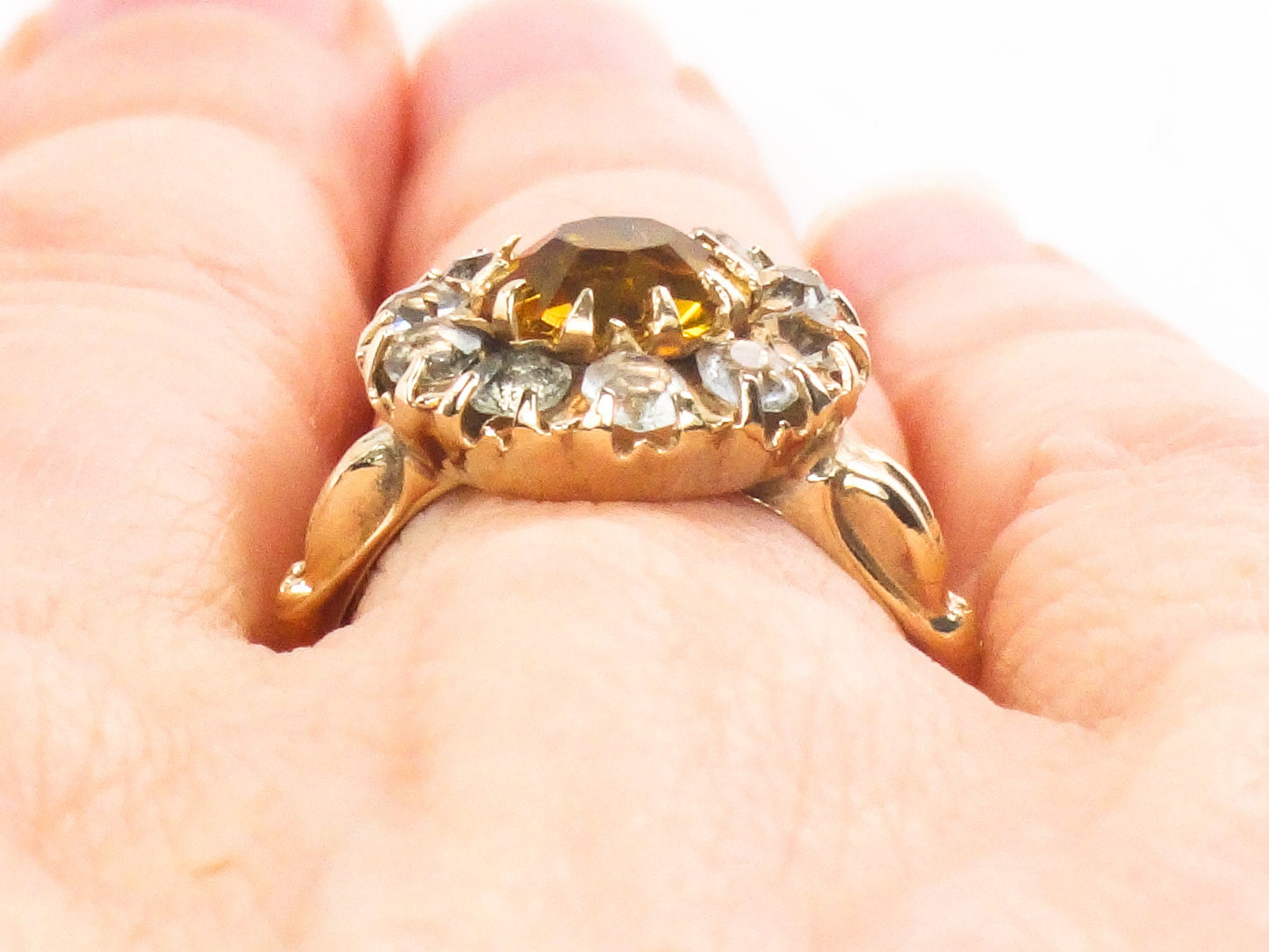 Vintage 10k Yellow Gold Gold and Clear Glass Ring Imitation Citrine and Diamond Halo Ring Size 5.25