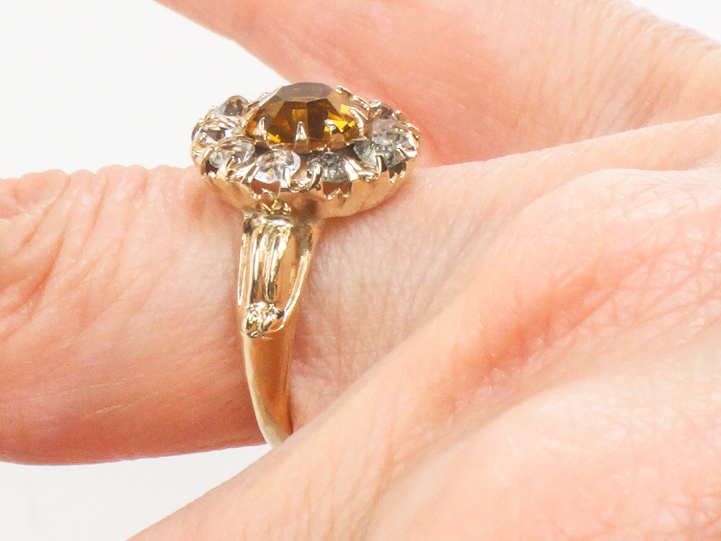 Vintage 10k Yellow Gold Gold and Clear Glass Ring Imitation Citrine and Diamond Halo Ring Size 5.25