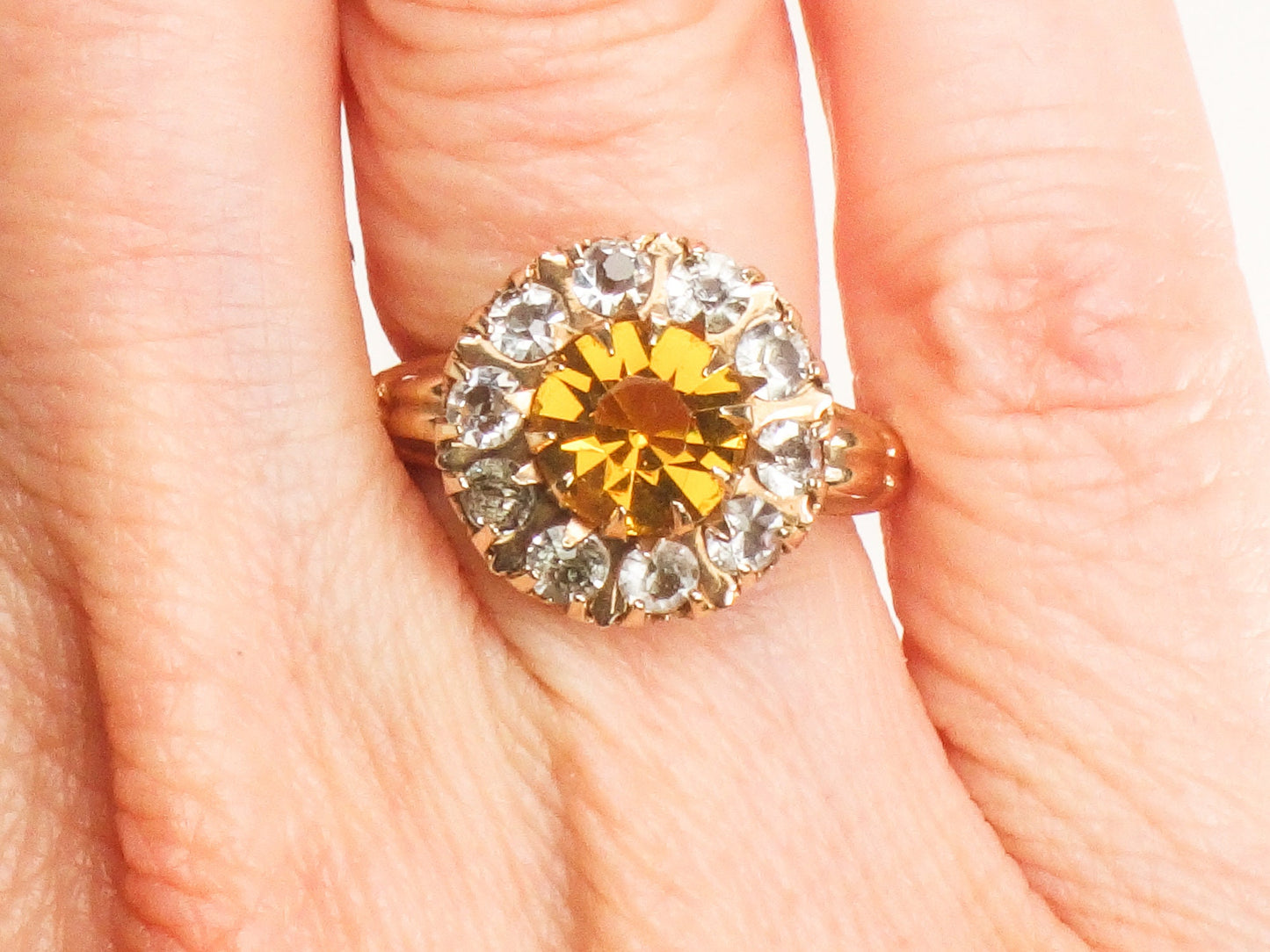 Vintage 10k Yellow Gold Gold and Clear Glass Ring Imitation Citrine and Diamond Halo Ring Size 5.25