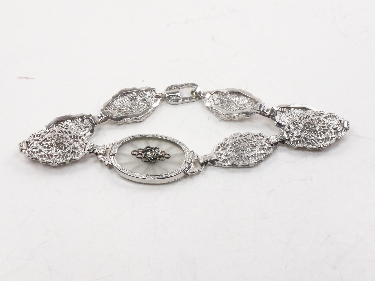 Art Deco Rock Crystal Quartz Diamond Bracelet: 14k White Gold Filigree, 6.5" Bridal Jewelry