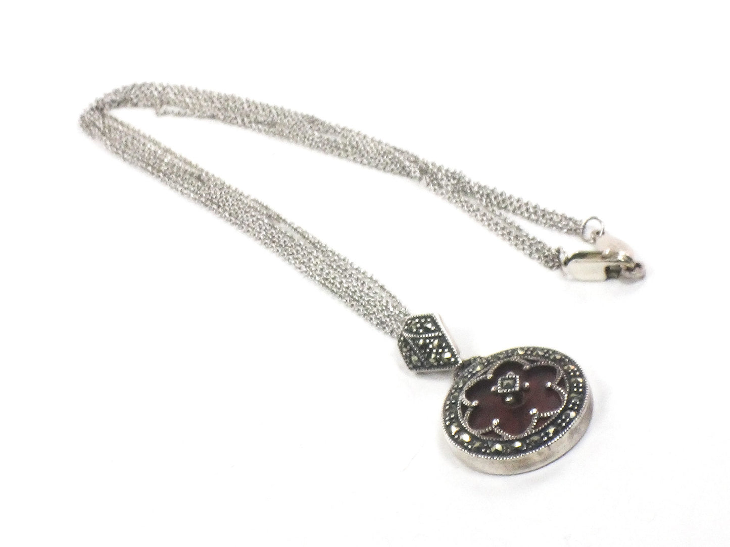 Vintage Judith Jack Sterling Silver Pink Camphor Glass and Marcasite Pendant Necklace Art Deco Style Camphor Glass Necklace 16"