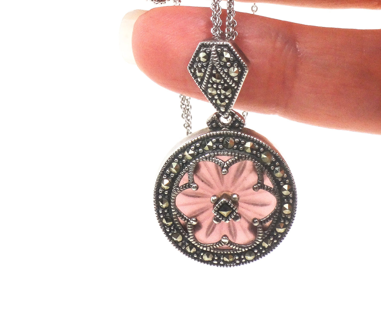 Vintage Judith Jack Sterling Silver Pink Camphor Glass and Marcasite Pendant Necklace Art Deco Style Camphor Glass Necklace 16"