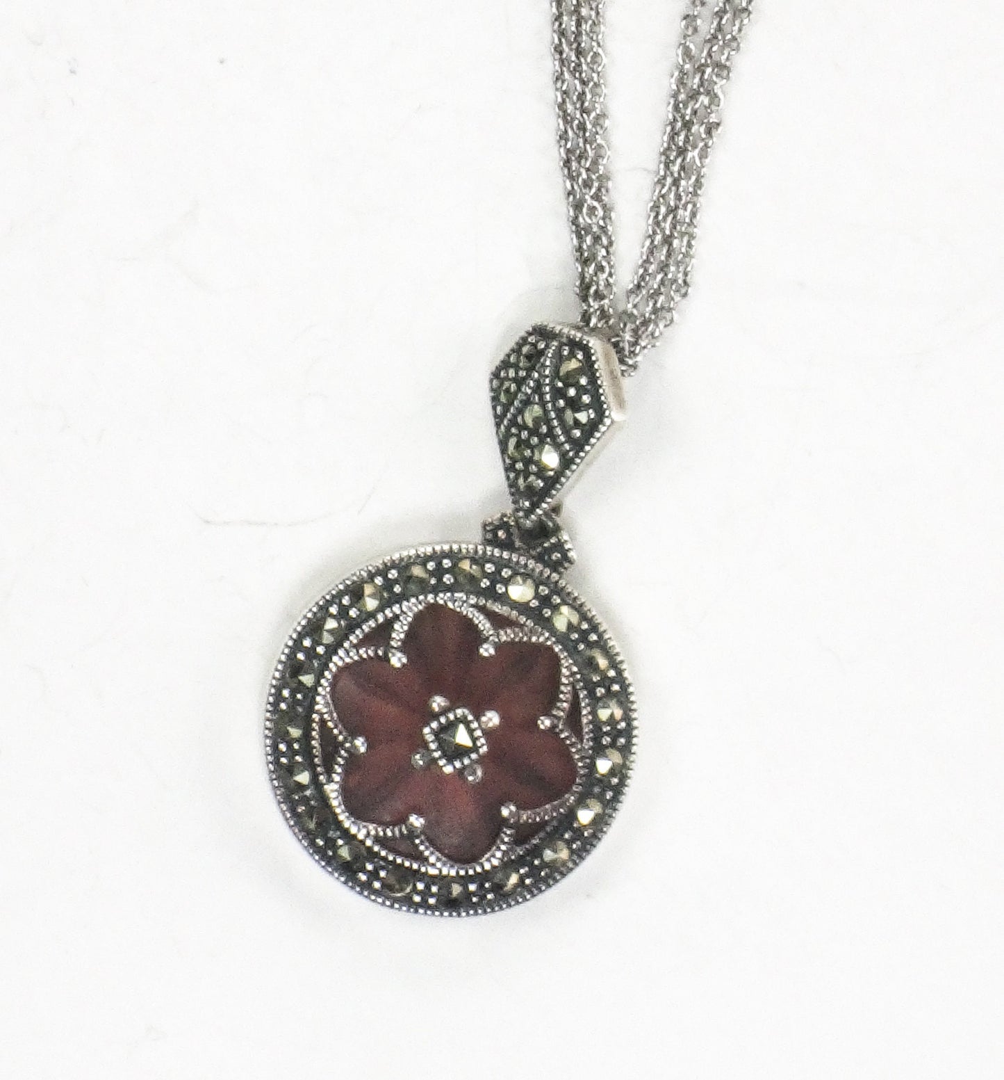 Vintage Judith Jack Sterling Silver Pink Camphor Glass and Marcasite Pendant Necklace Art Deco Style Camphor Glass Necklace 16"