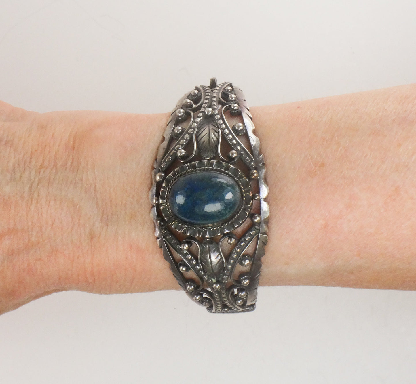 Vintage Silver Floral Bracelet 800 Silver Blue Sodalite Stone Hinged Bracelet with Scroll and Bead Design