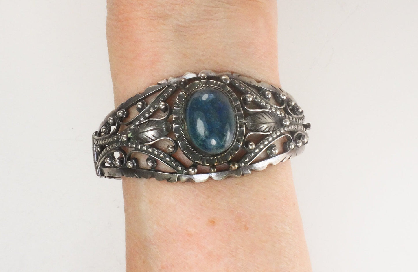 Vintage Silver Floral Bracelet 800 Silver Blue Sodalite Stone Hinged Bracelet with Scroll and Bead Design