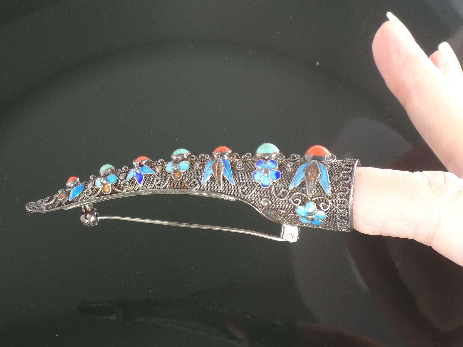 Vintage Silver Finger Nail Cover Pin: Turquoise, Coral, Enamel Floral Design