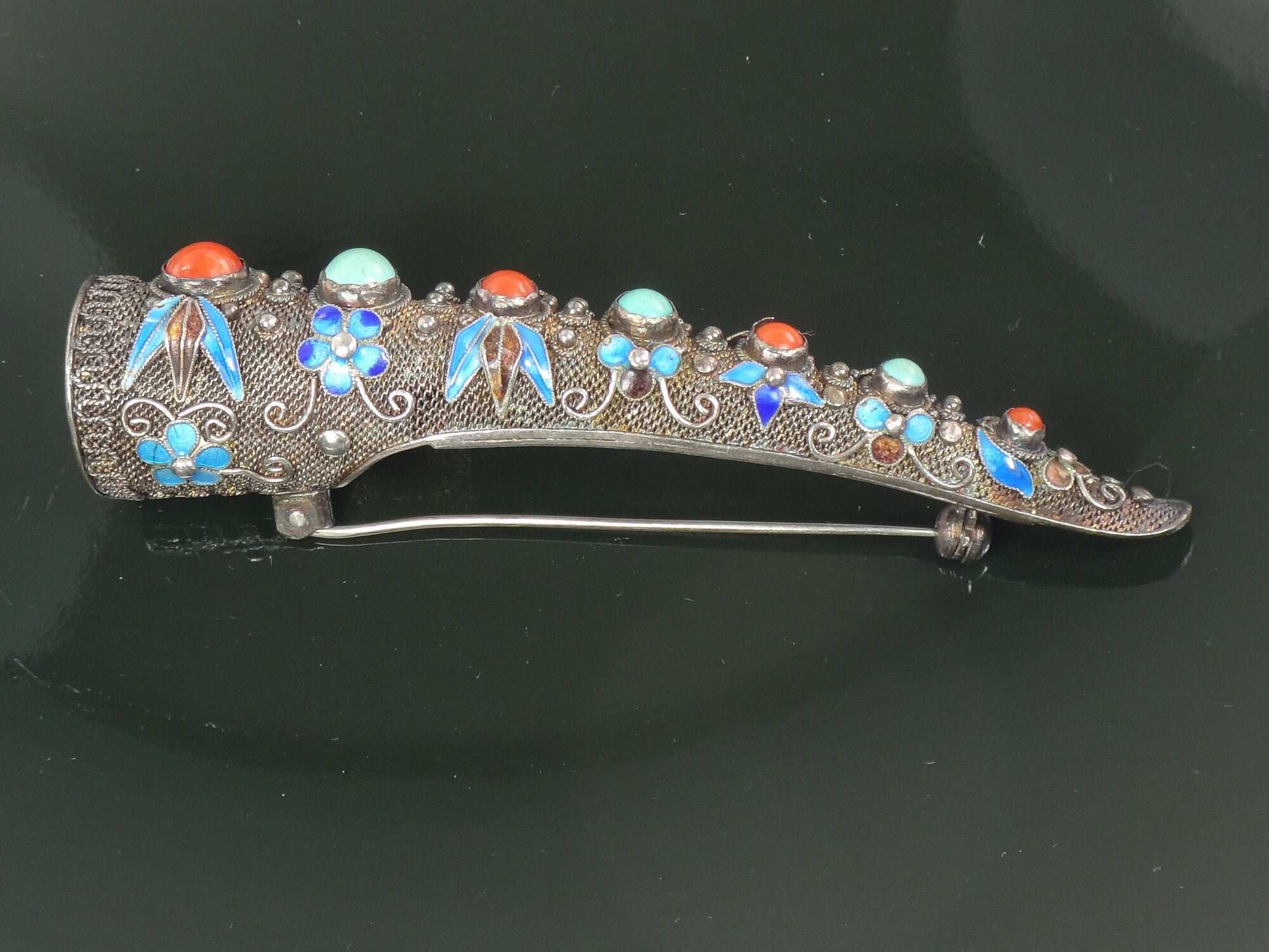 Vintage Silver Finger Nail Cover Pin: Turquoise, Coral, Enamel Floral Design