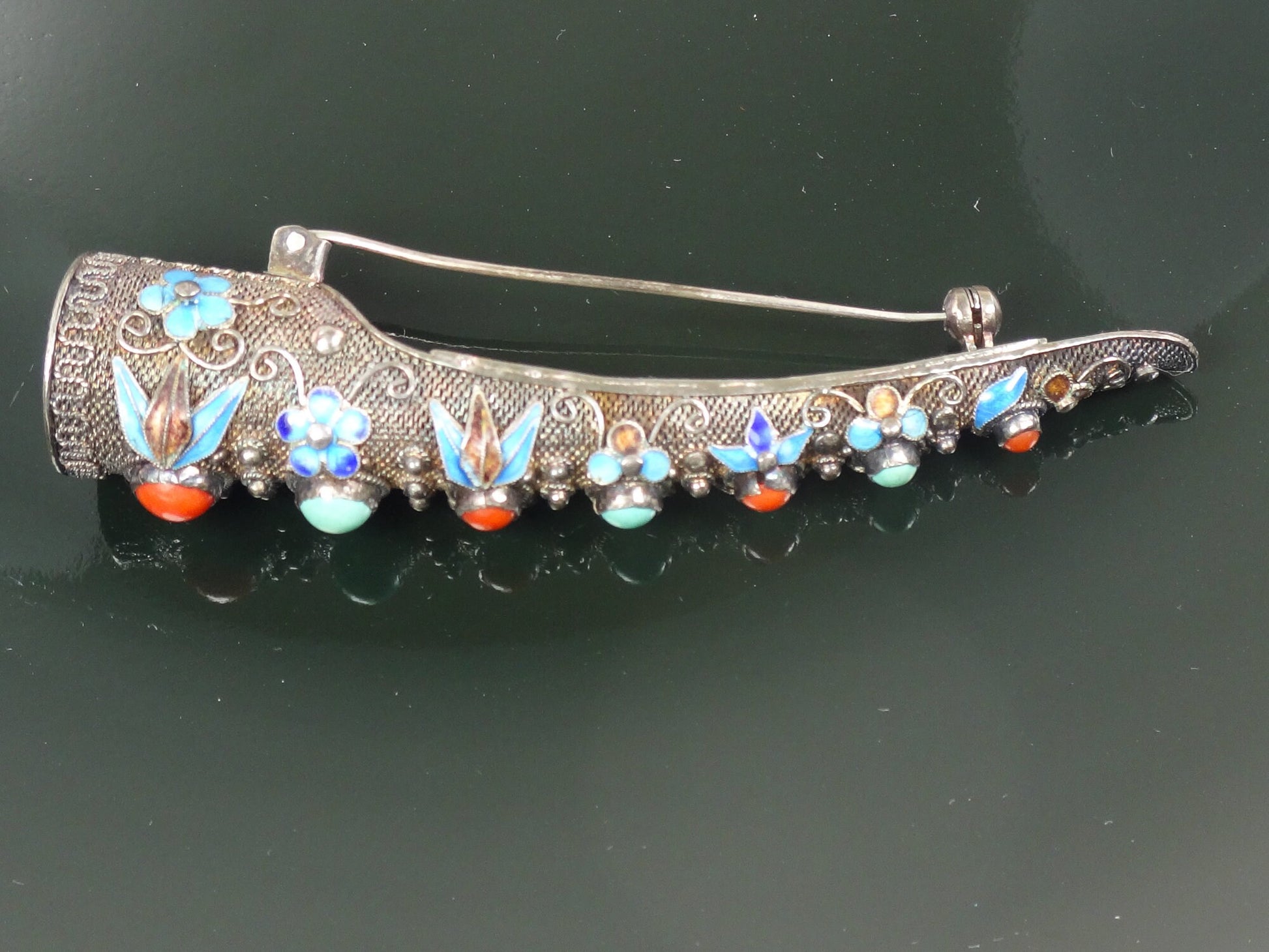 Vintage Silver Finger Nail Cover Pin: Turquoise, Coral, Enamel Floral Design