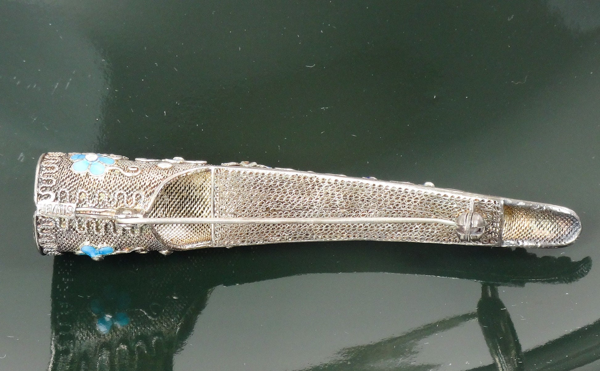 Vintage Silver Finger Nail Cover Pin: Turquoise, Coral, Enamel Floral Design