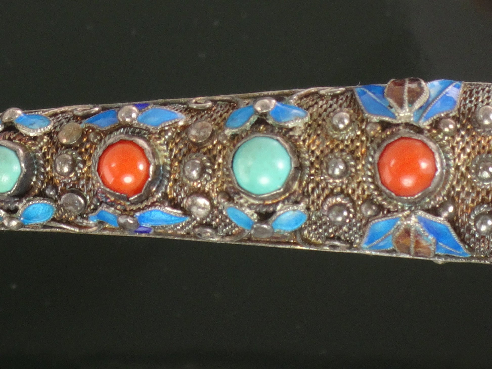 Vintage Silver Finger Nail Cover Pin: Turquoise, Coral, Enamel Floral Design