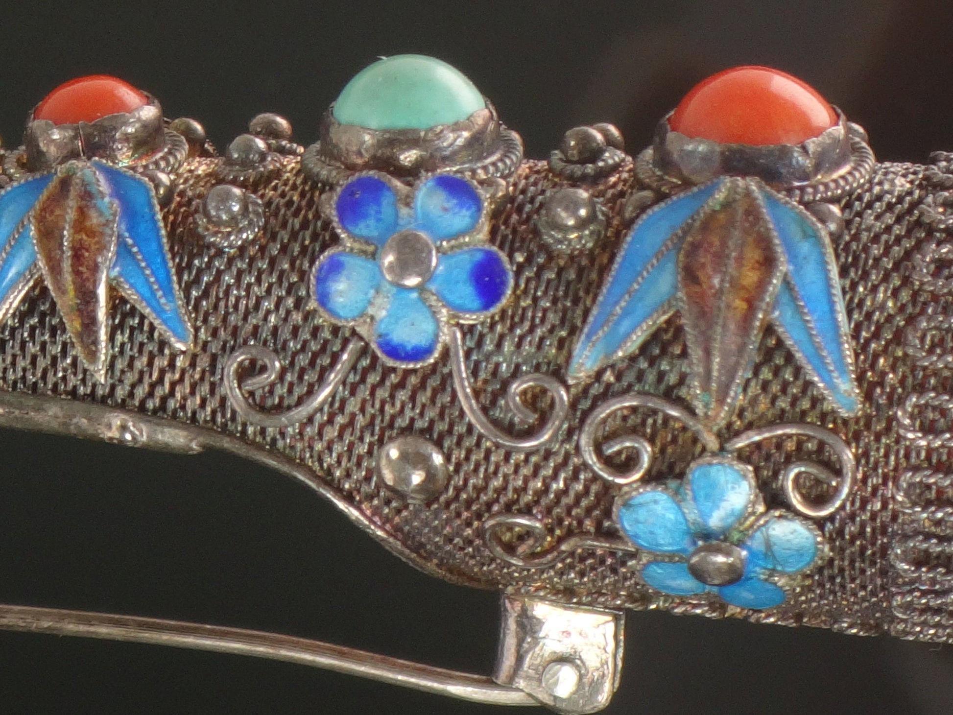 Vintage Silver Finger Nail Cover Pin: Turquoise, Coral, Enamel Floral Design