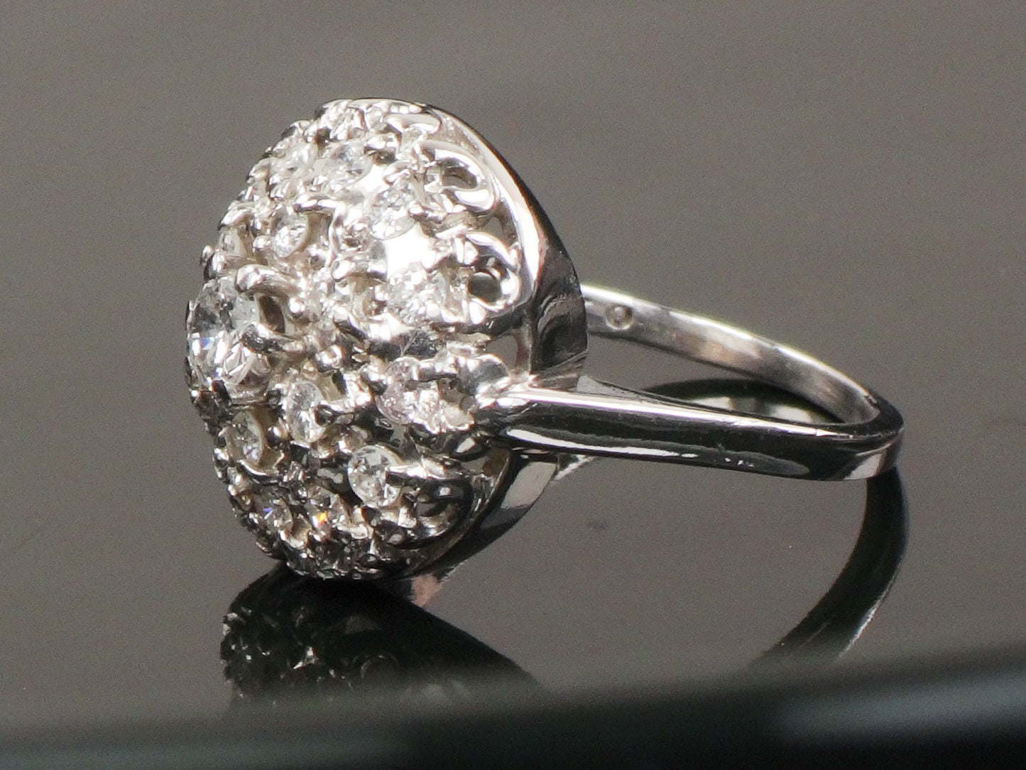 Vintage 14k White Gold Natural Diamond Dome Cluster Ring with Approx 3/4 CT TDW, Size 6.5