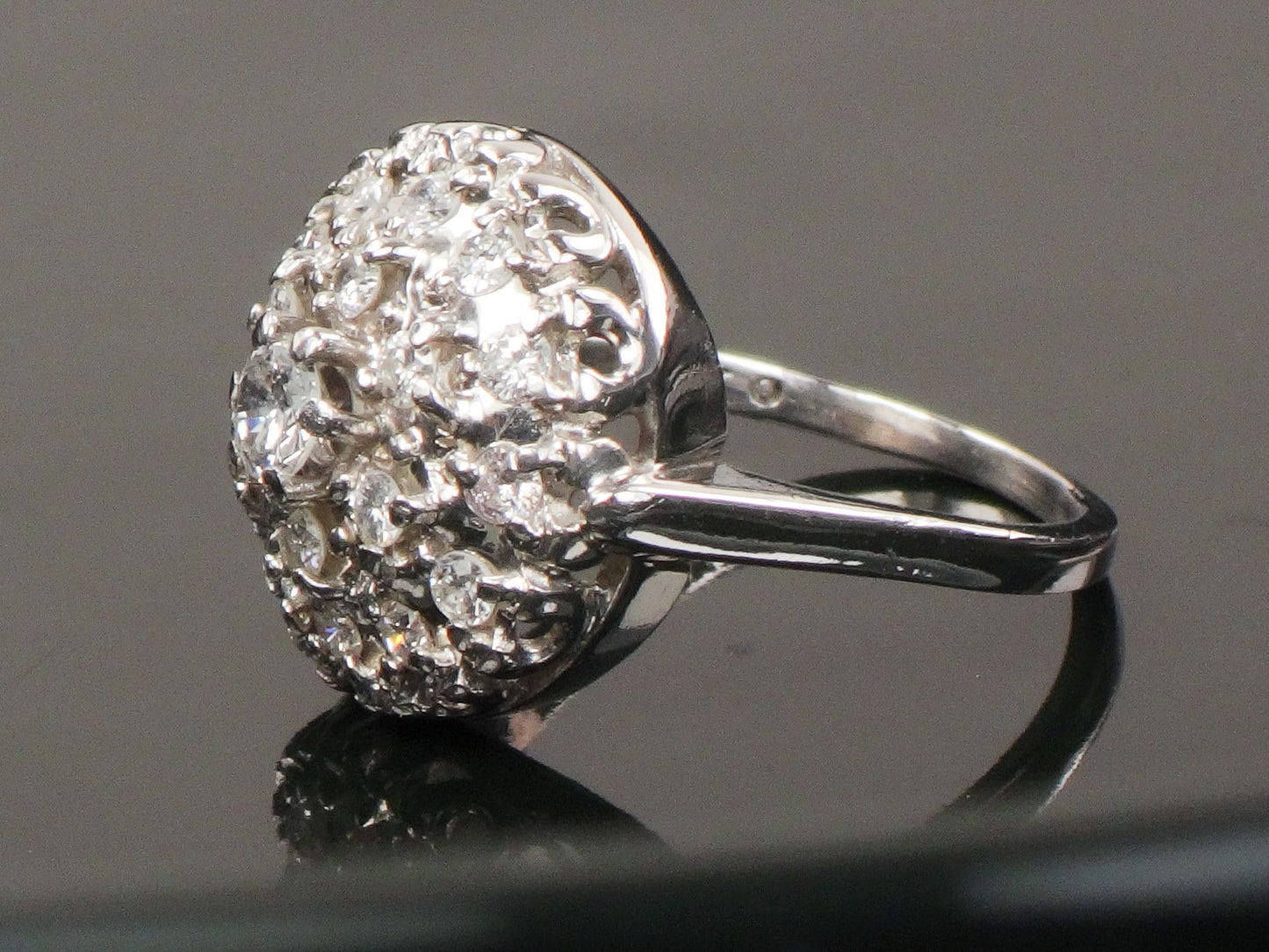 Vintage Diamond Cluster Ring: 14k White Gold Dome Halo, .75 CTS TDW, Size 6.5
