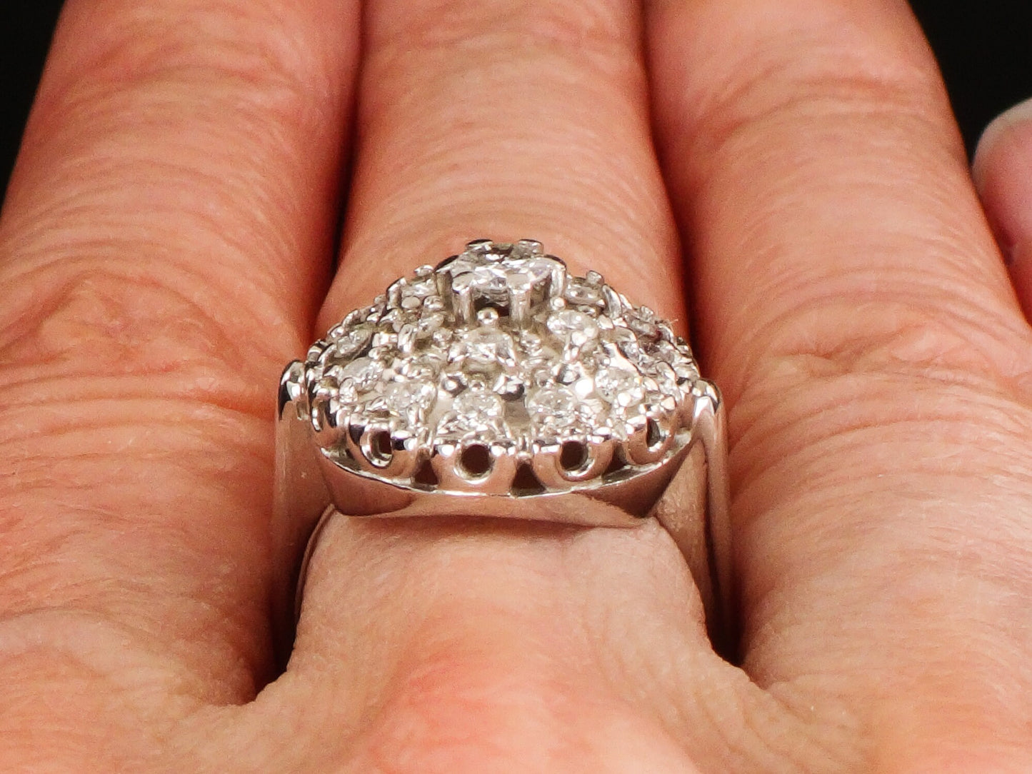 Vintage 14k White Gold Natural Diamond Dome Cluster Ring with Approx 3/4 CT TDW, Size 6.5