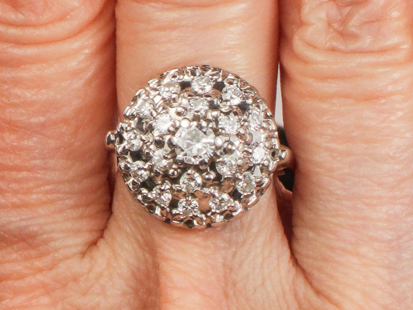 Vintage 14k White Gold Natural Diamond Dome Cluster Ring with Approx 3/4 CT TDW, Size 6.5