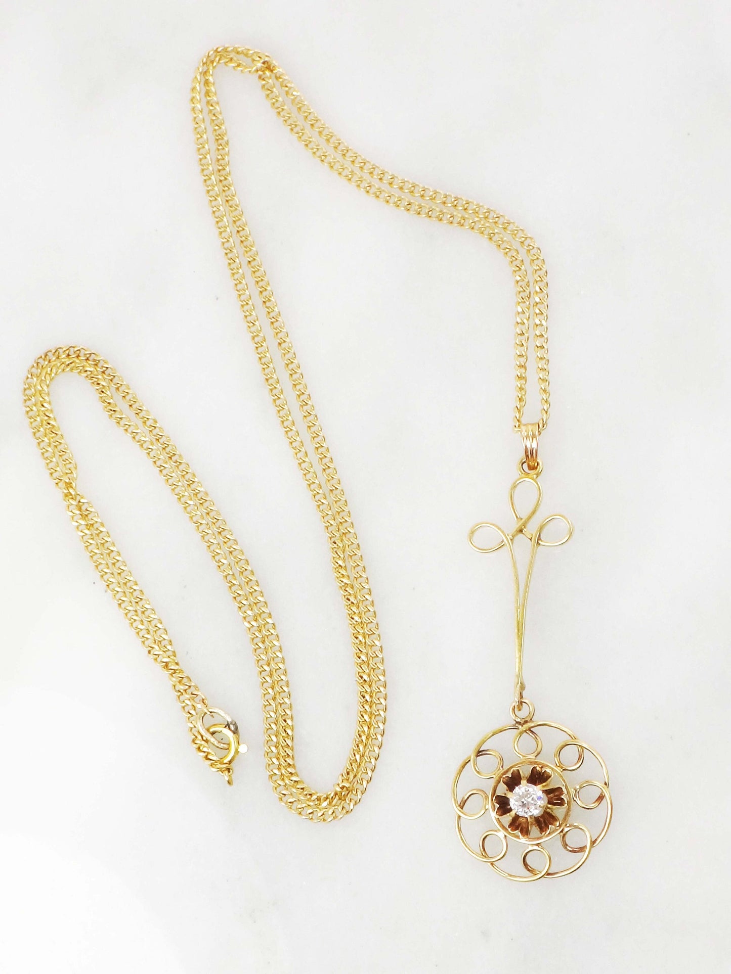 Vintage Belle Epoque Diamond Lavalier Necklace: Old Mine Cut, 14k Gold Curb Chain