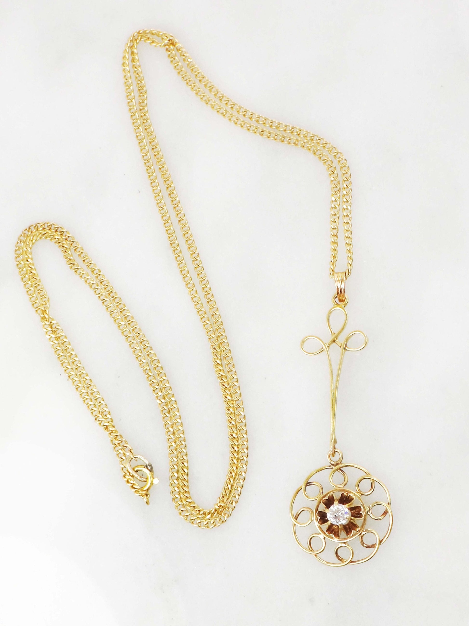 Vintage Belle Epoque Diamond Lavalier Necklace: Old Mine Cut, 14k Gold Curb Chain