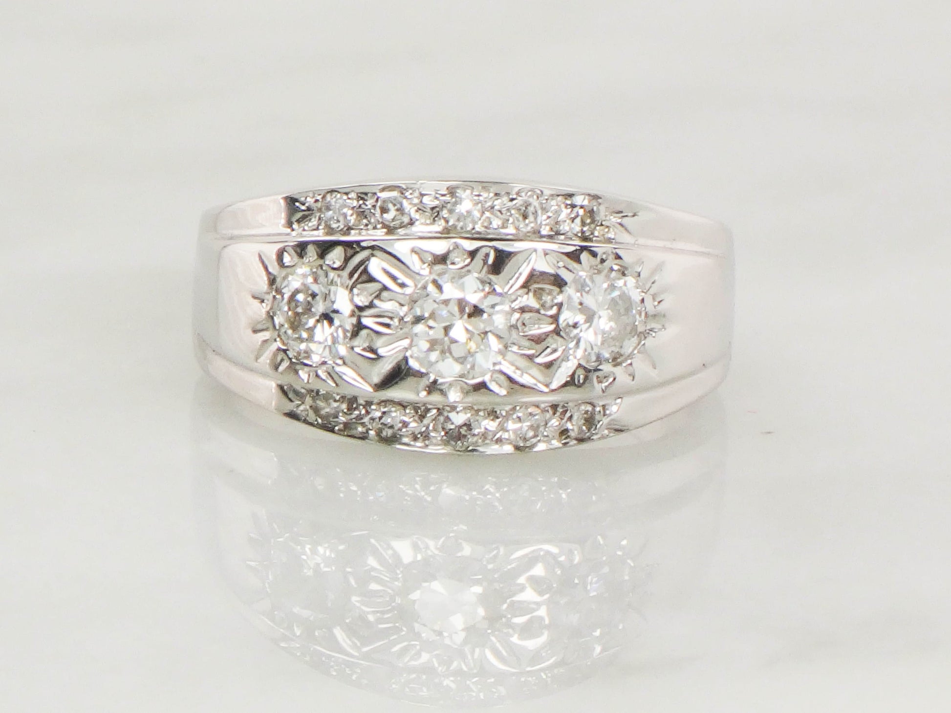 Vintage 14k White Gold Diamond Sunburst Band Ring - Over 1 Carat, Size 11