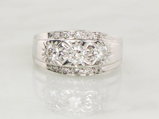 Vintage 14k White Gold Diamond Sunburst Band Ring - Over 1 Carat, Size 11