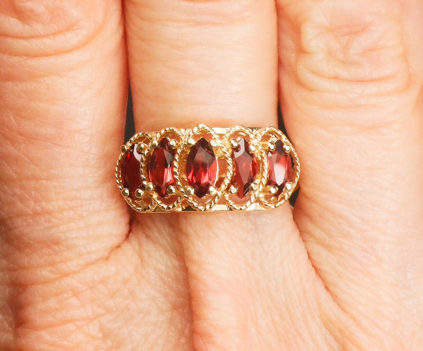 Vintage 10k Yellow Gold Marquise Garnet Ring Red January Birthstone Ring Size 9.5