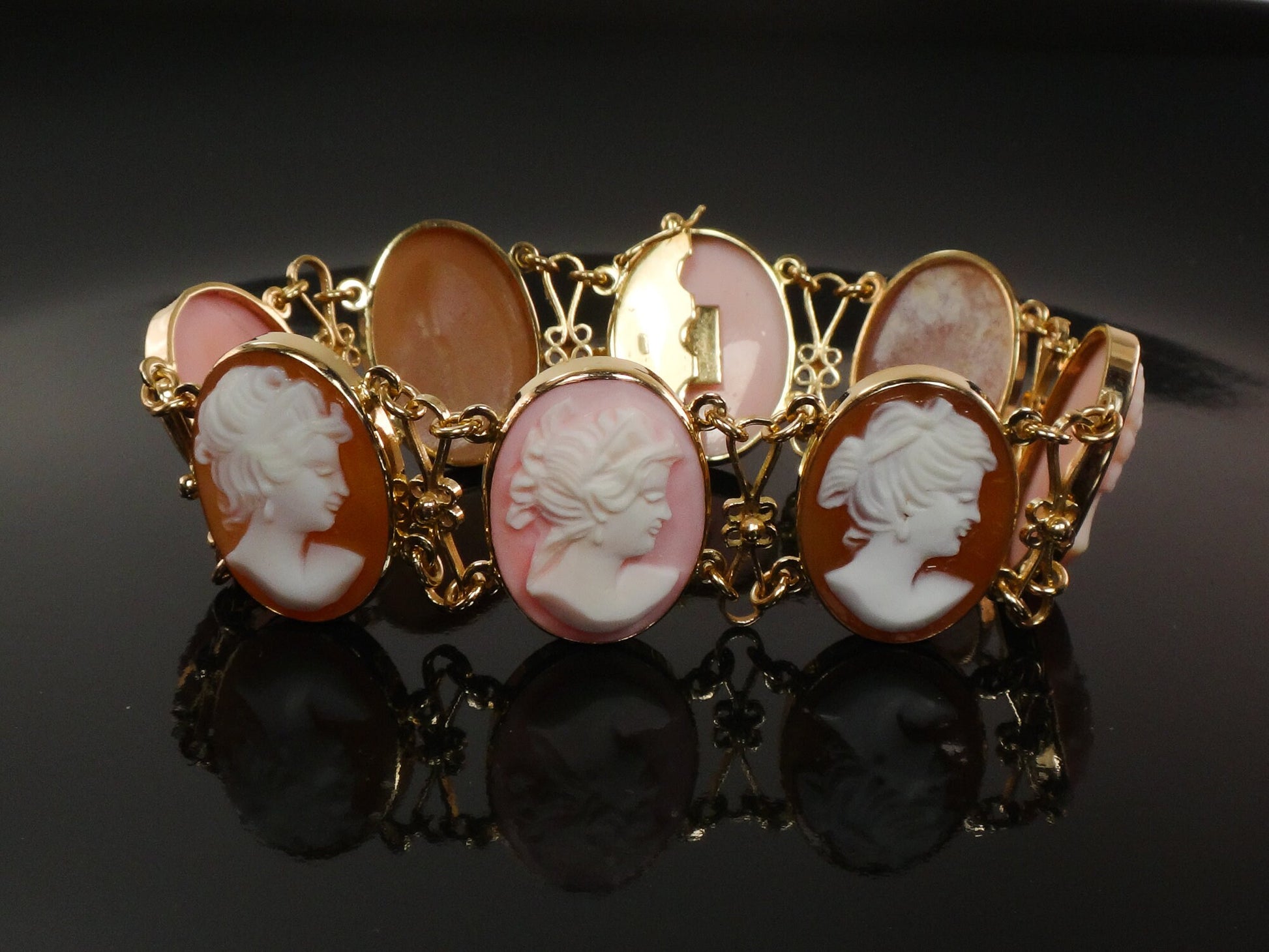 Vintage 14k Gold Pink and Brown Cameo Bracelet 7"