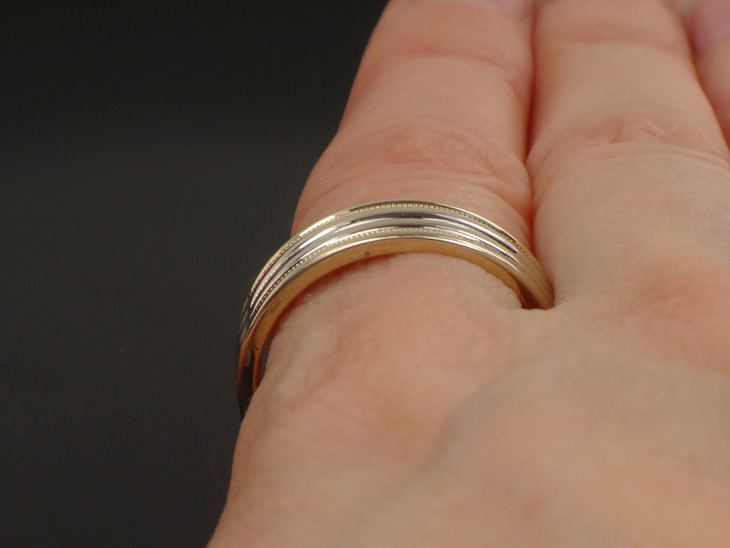 Vintage 14k Two Tone Gold Ribbed Wedding Band, Unisex or Men's Wedding Ring, Size 9.75