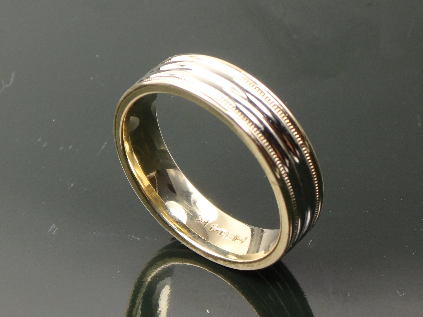 Vintage 14k Two Tone Gold Ribbed Wedding Band, Unisex or Men's Wedding Ring, Size 9.75