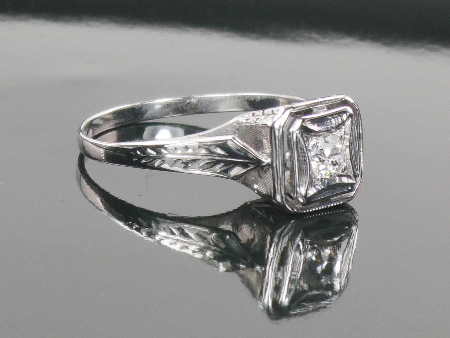 Vintage Art Deco 14k White Gold Old Mine Cut Natural Diamond Engagement Ring Solitaire Ring Size 6.5