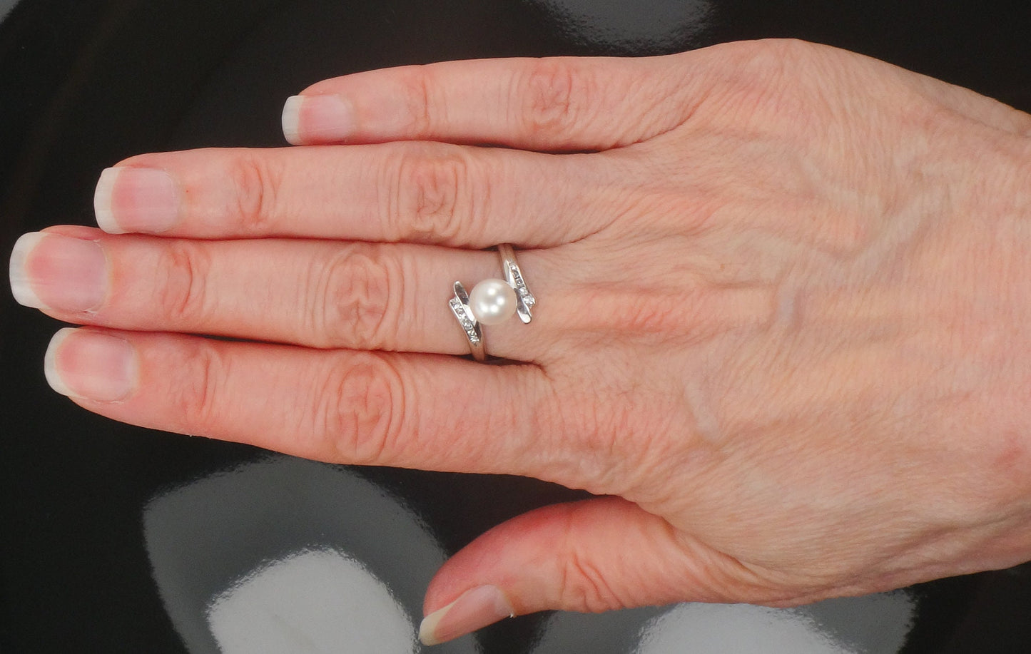 Vintage F & F Felger 14k White Gold Cultured Pearl and Diamond Ring Bridal Ring Size 5.25
