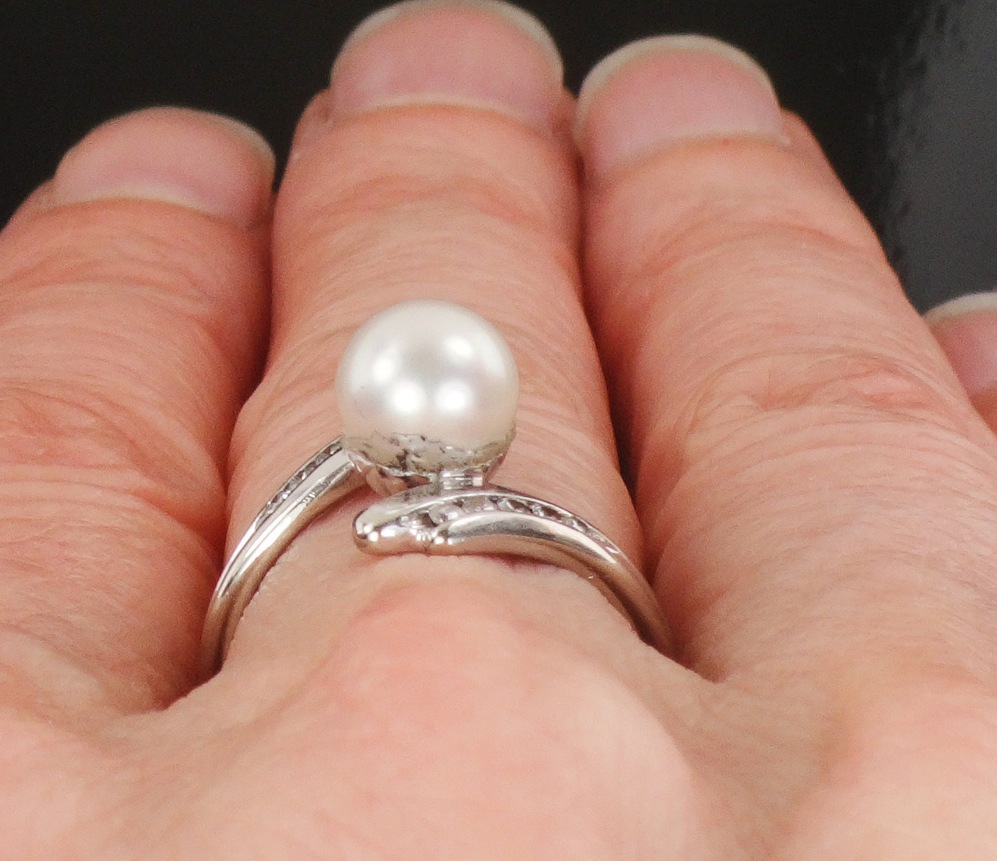 Vintage F & F Felger 14k White Gold Cultured Pearl and Diamond Ring Bridal Ring Size 5.25