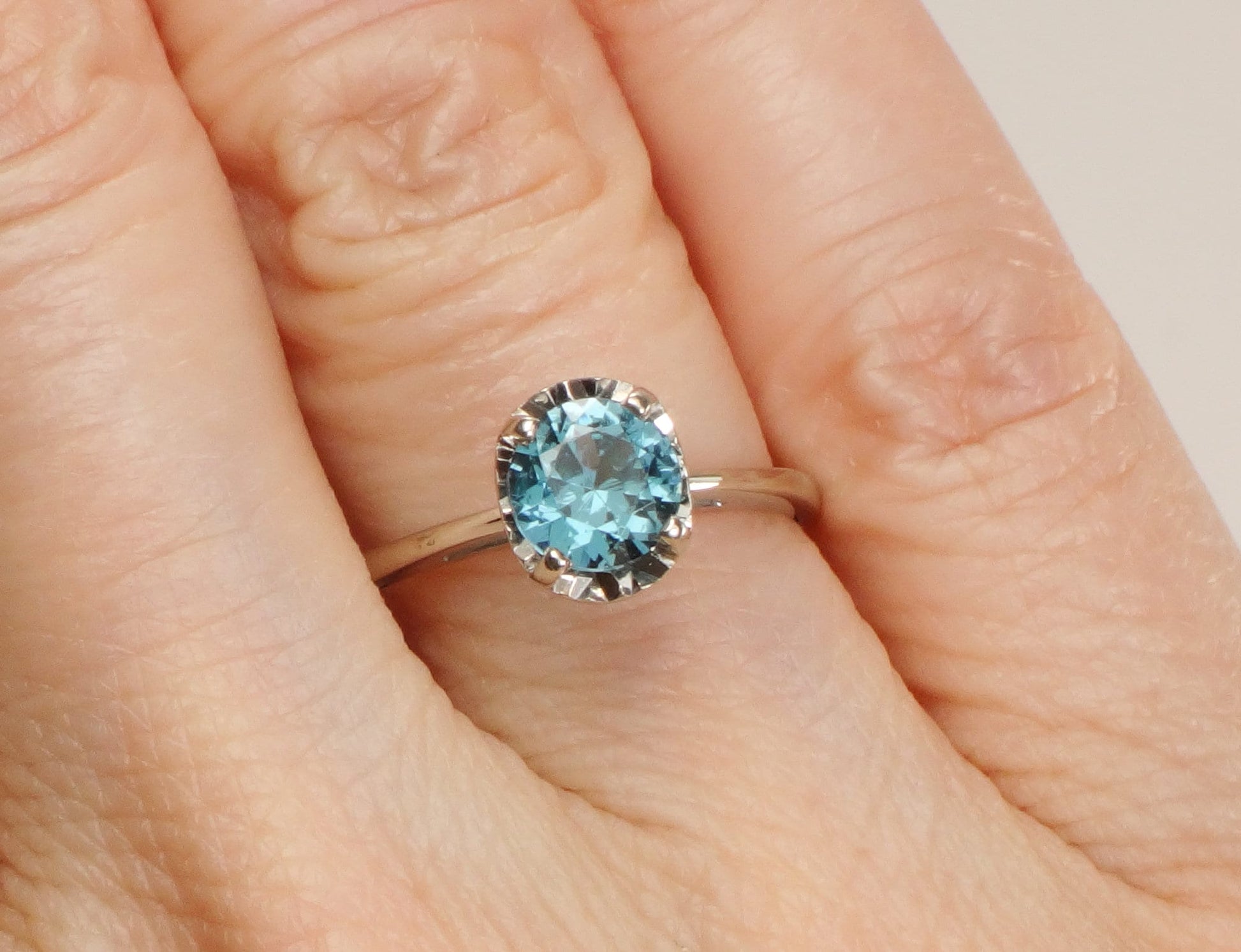 Vintage 14k White Gold Blue Spinel Solitaire Ring, Alternative Engagement Ring, Size 6.5