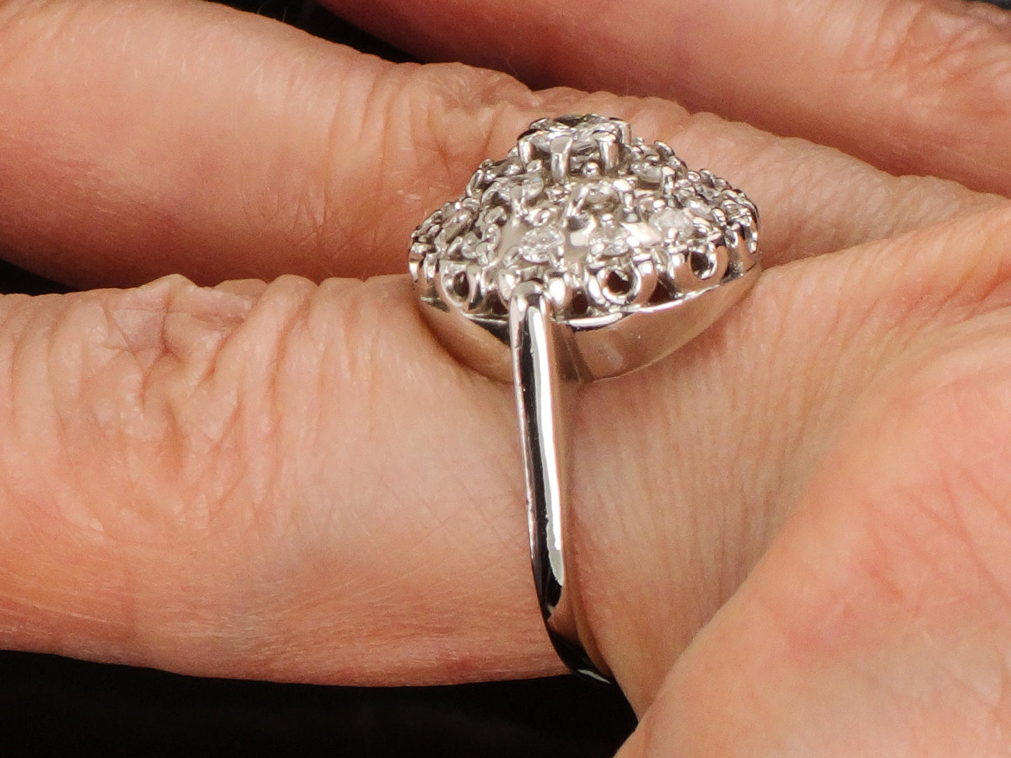 Vintage Diamond Cluster Ring: 14k White Gold Dome Halo, .75 CTS TDW, Size 6.5