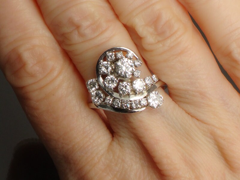 Vintage 14k White Gold Natural Diamond Swirl Ring, Cocktail Approximately 1.3 CT TDW