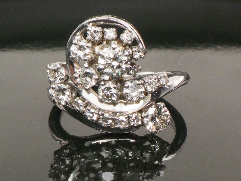 Vintage 14k White Gold Natural Diamond Swirl Ring, Cocktail Approximately 1.3 CT TDW