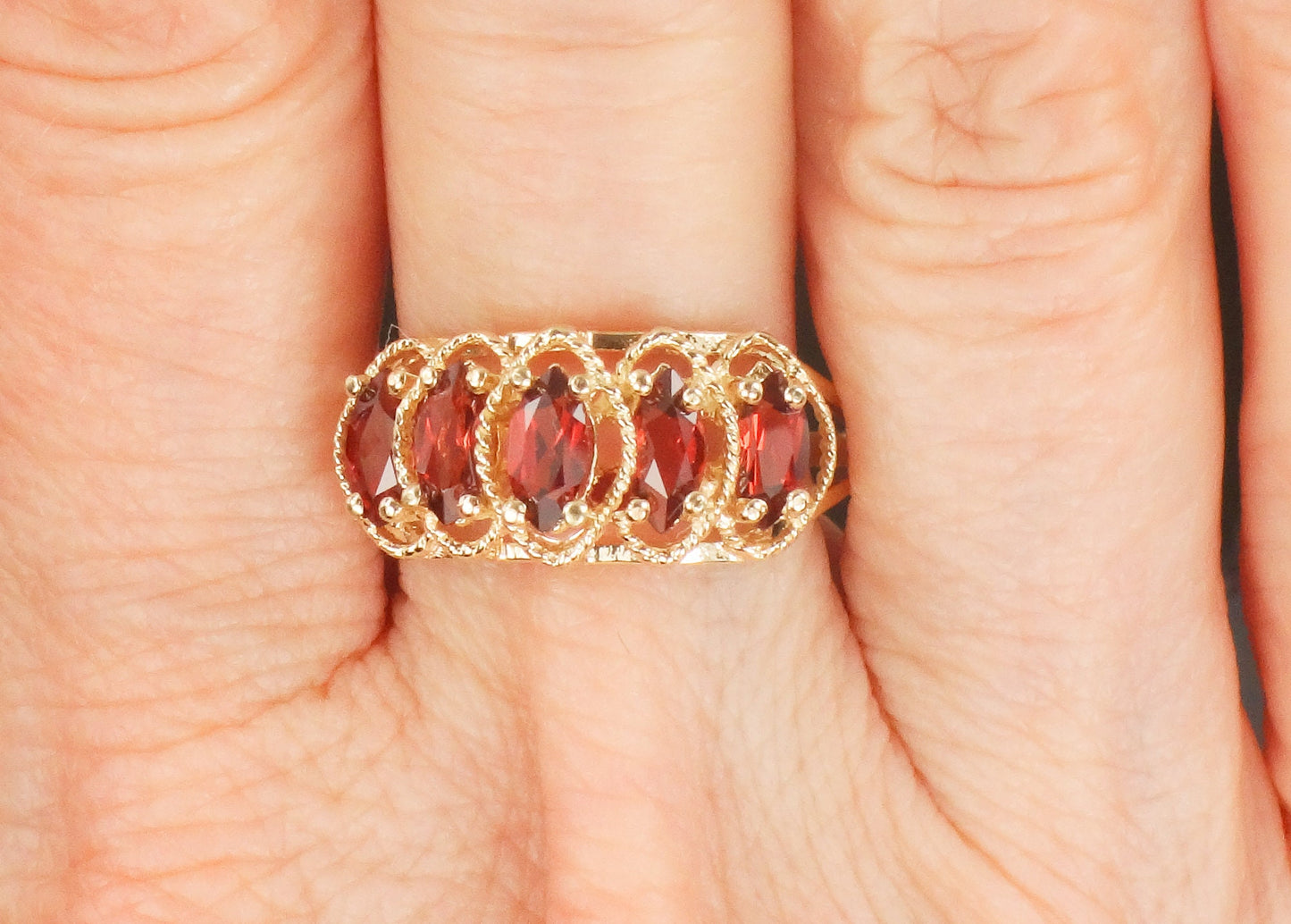 Vintage 10k Yellow Gold Marquise Garnet Ring Red January Birthstone Ring Size 9.5