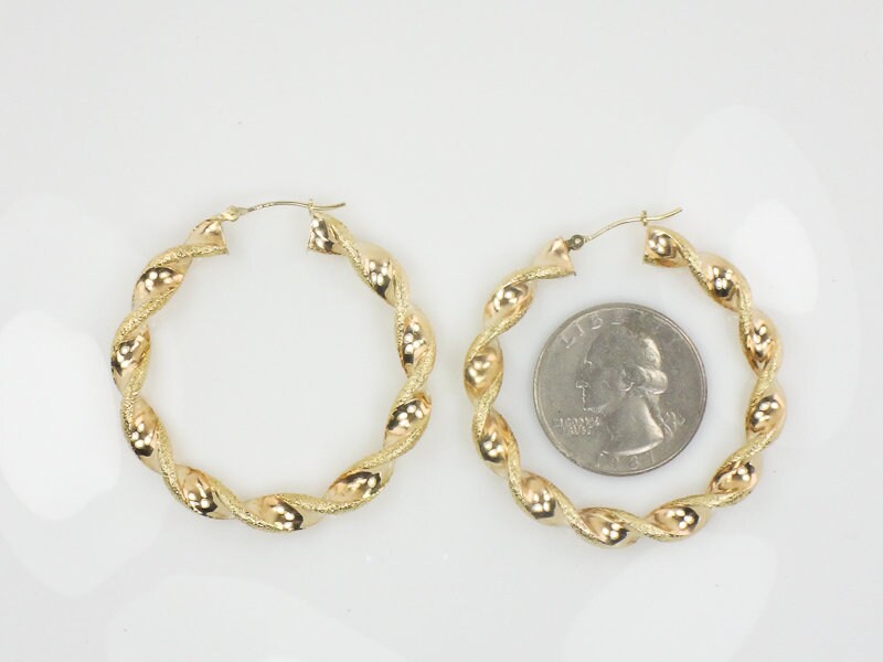 Large 14k Hoop Earrings with Fancy Twist Design - Vintage 14k Yellow Gold 1.75" Round Shape - Fine Jewelry